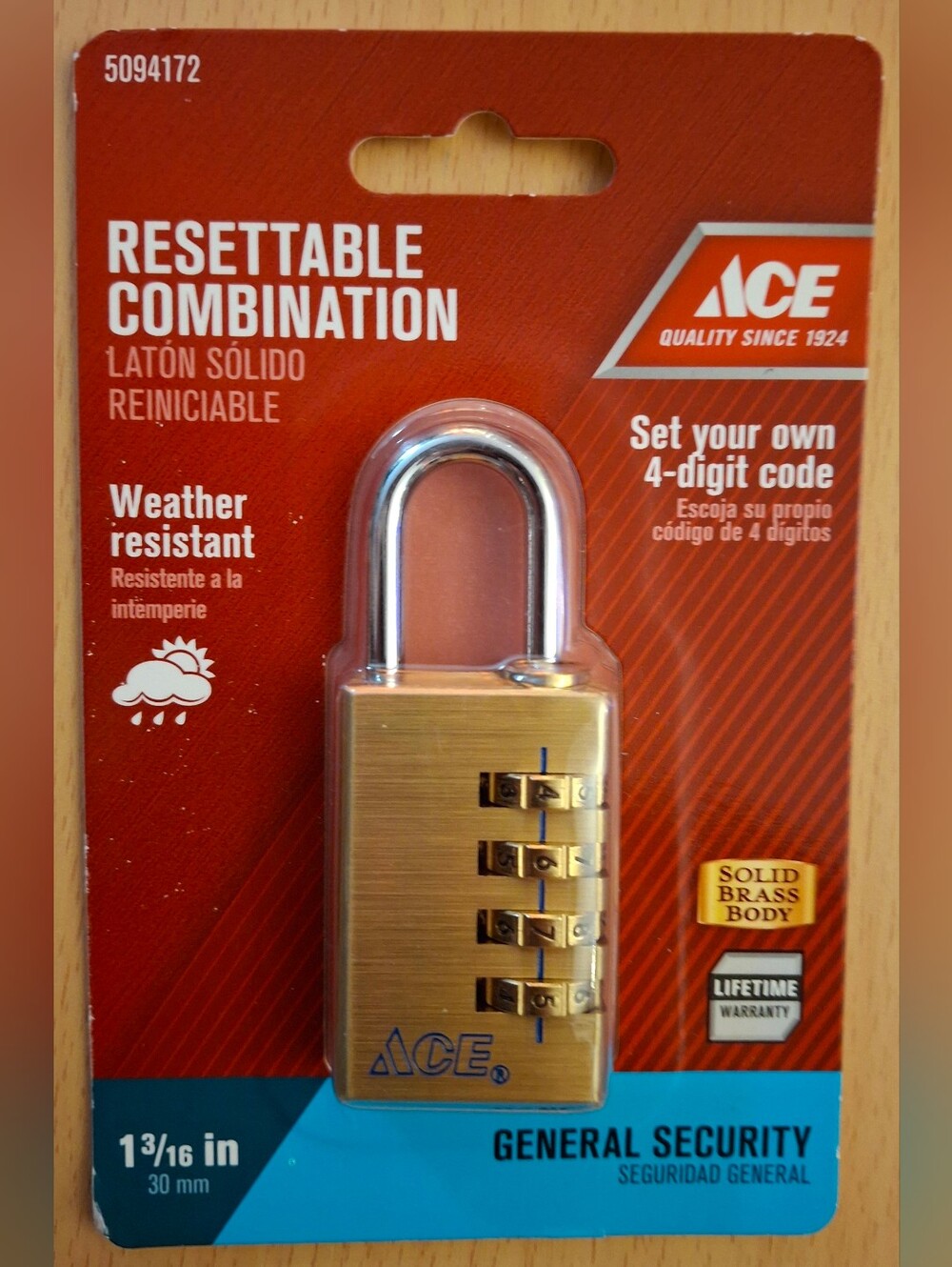 ACE Resettable 4-Digit Combination Solid Brass Padlock, Steel Shackle 30mm